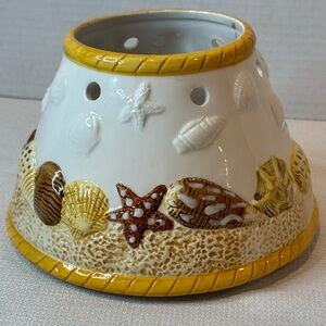 Ceramic Candle Shade w/Coastal Beach Theme Raised Seashells Sandy Texture Base